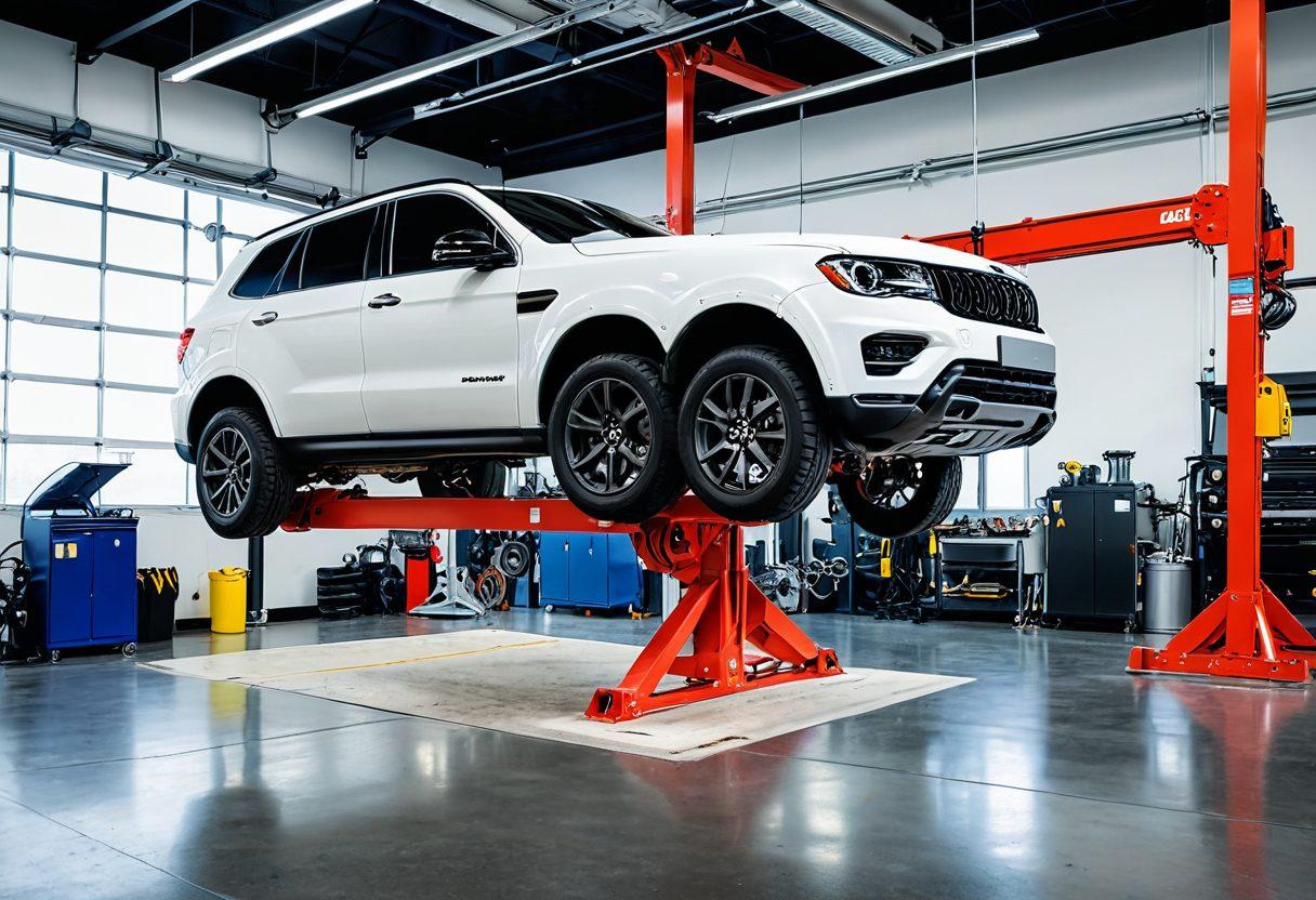 A dynamic scene showcasing advanced lifting technologies in action, featuring a Mohawk lift elevating a sleek, modern vehicle in a well-lit, contemporary workshop. The background should depict various state-of-the-art lifting equipment. Include decorative elements that suggest innovation and engineering prowess, like blueprints and gears. The overall atmosphere should convey a sense of efficiency and modernization. super-realistic. vibrant colors. white background.