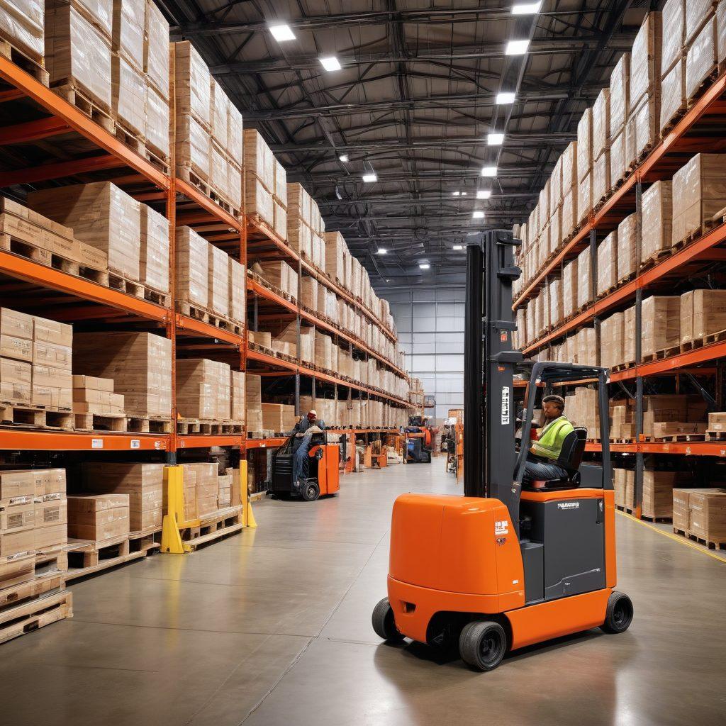 An industrial warehouse scene showcasing Mohawk Lift Systems in action, featuring a diverse group of workers efficiently operating heavy machinery and handling materials. Include visuals of various lift models, showcasing their versatility and height. Bright and clear lighting to emphasize productivity, with safety gear worn by the workers. A backdrop of neatly organized pallets and equipment provides context to the material handling theme. super-realistic. vibrant colors. 3D.